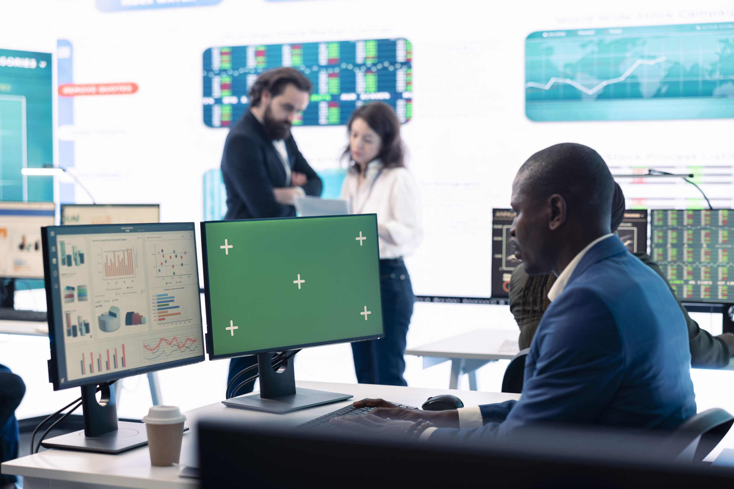 Business analyst examining monthly results and performance metrics online, isolated screen in multinational company headquarters. Consultant reviews income and expenditure budget.